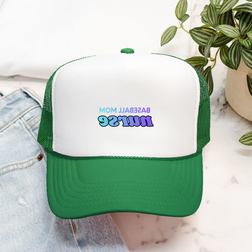 Baseball Mom Nurse Hat Backwards Lettering, Foam Trucker Hat, Trendy Mirror Text Cap, Sports Nurse Gift, Blue/Indigo/Purple Text Color