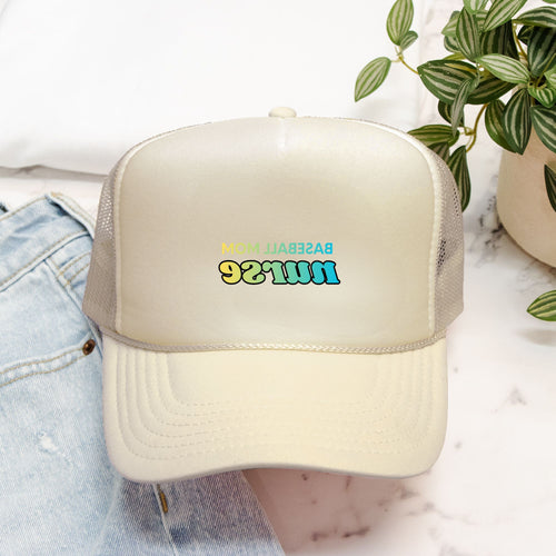 Baseball Mom Nurse Hat Backwards Lettering, Foam Trucker Hat, Trendy Mirror Text Cap, Sports Nurse Gift, Yellow/Green/Teal Text Color