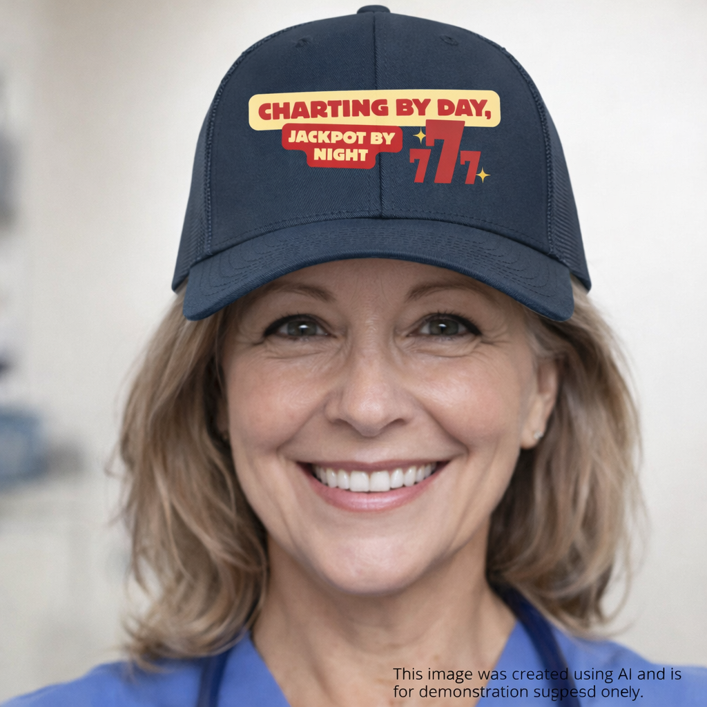 Charting by Day Jackpot by Night Trucker Hat, Nurse Gift, Funny RN Hat, 777 Slot Machine Design, Healthcare Humor, Retro Mesh Cap