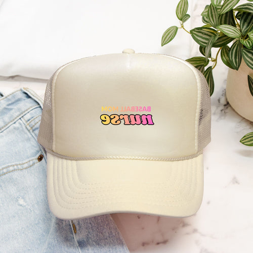 Baseball Mom Nurse Hat Backwards Lettering, Foam Trucker Hat, Trendy Mirror Text Cap, Sports Nurse Gift, Yellow/Orange/Pink Text Color
